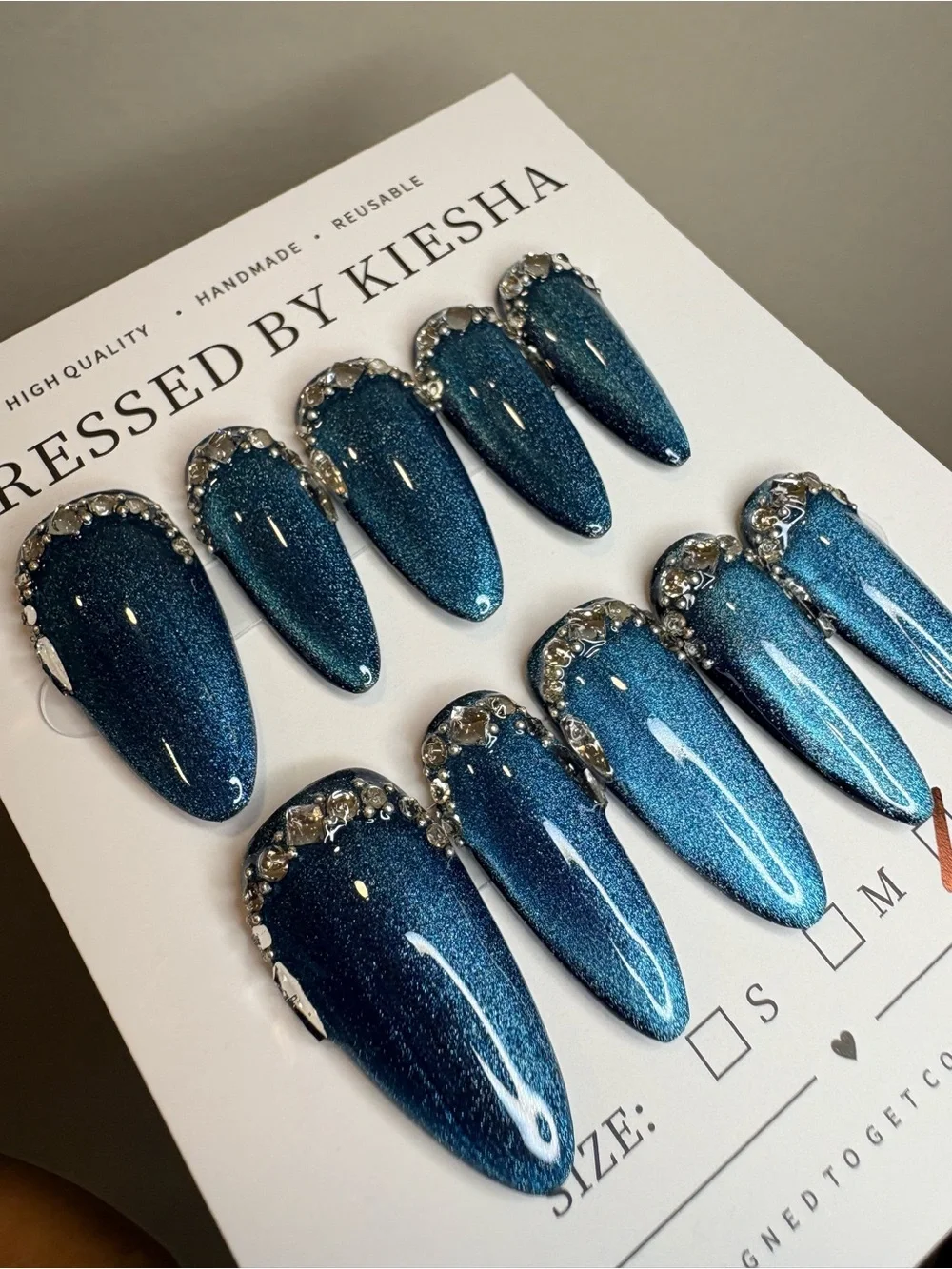 Teal Glitter Press-On Nails with Rhinestones